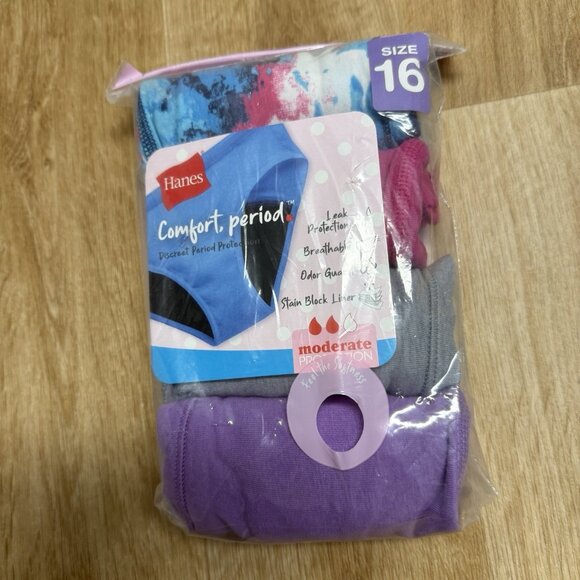 HANES PERIOD UNDERWEAR 4 PACK GIRLS SIZE 16 HIPSTER MODERATE PROTECTION SOFT NEW - Picture 1 of 2